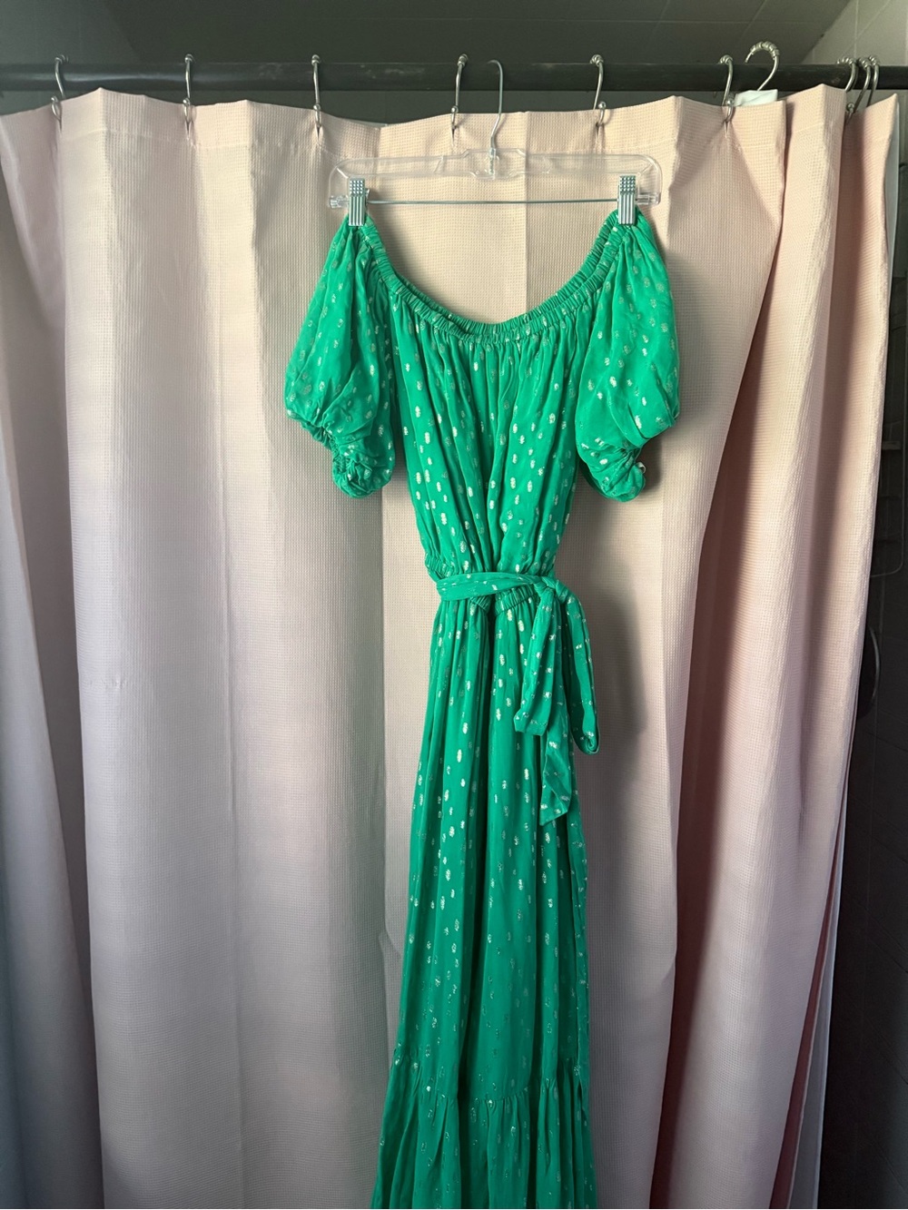 Lilly Pulitzer Green One-Shoulder Maxi Dress with Puff Sleeve and Belt